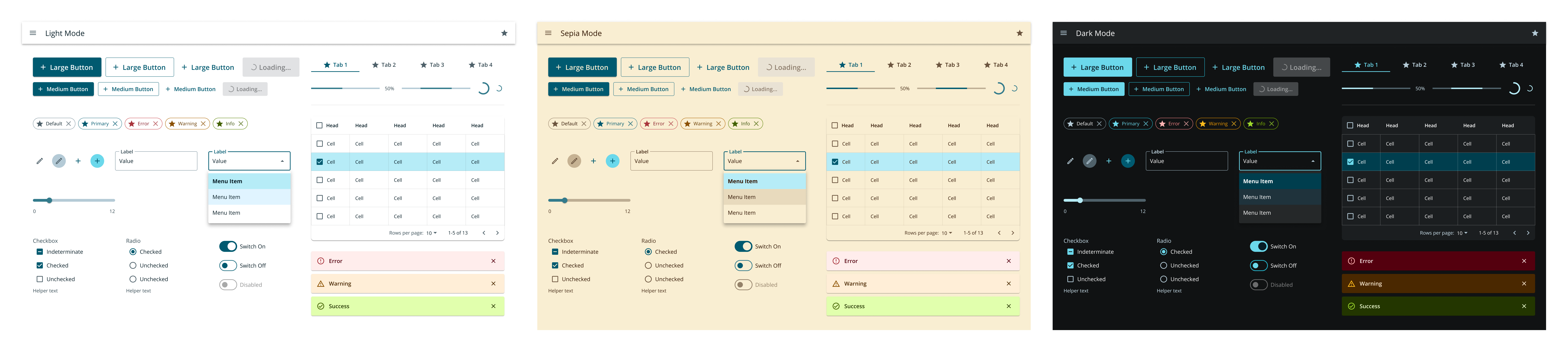 Across all 3 color modes you can see how the primary palette is maintained for consistent branding.